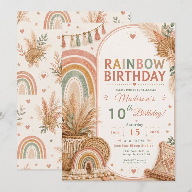 Invitación Fiesta de Cumpleaños Arcoíris Boho (Anverso / Reverso)