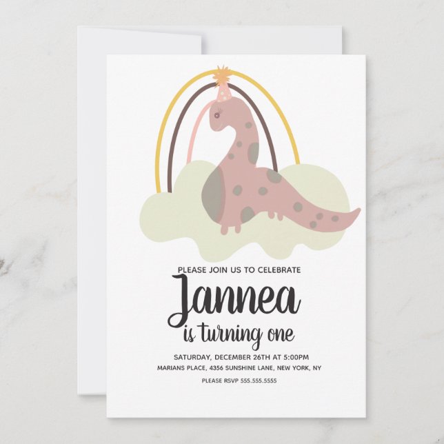 Invitación Fiesta de cumpleaños arcoiris de dinosaurio dibuja (Anverso)