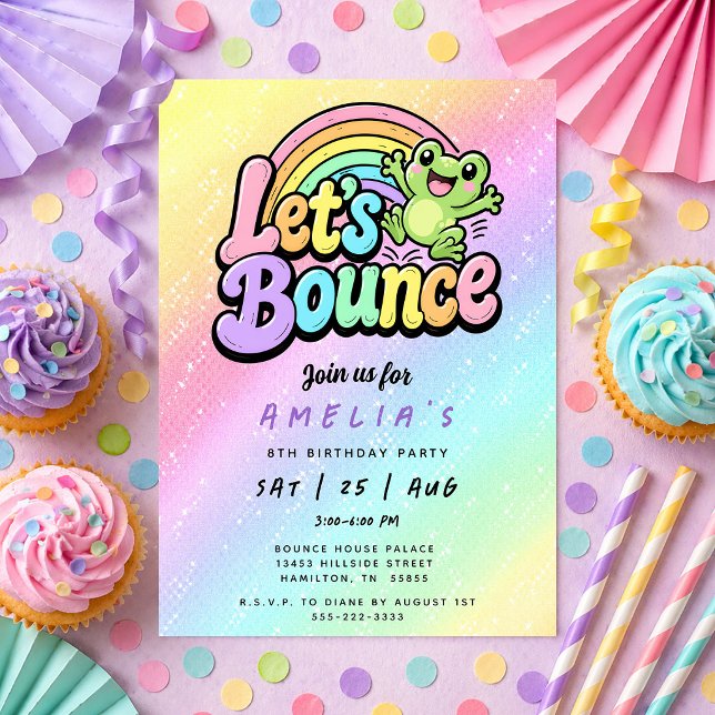 Invitación Fiesta de Cumpleaños Arcoíris de la Rana Vamos a S (Let's Bounce Frog Rainbow Birthday Party Invitation)