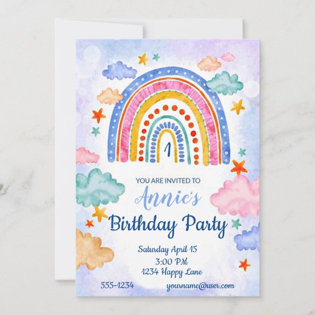 Invitación Fiesta de cumpleaños arcoíris dibujado a mano past (Anverso)