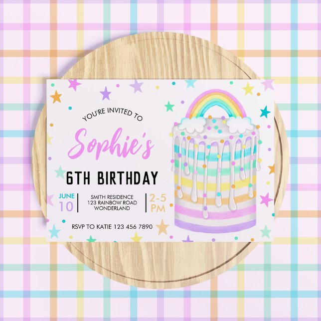Invitación Fiesta de cumpleaños arcoiris para Chicas 6º cumpl (Girls' Rainbow Cake Birthday Invitation)