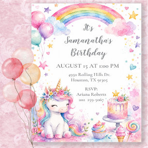 Invitación Fiesta de Cumpleaños Arcoíris Unicornio Acuarela