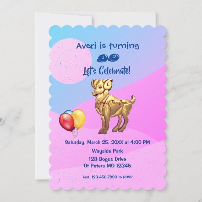 Invitación Fiesta de cumpleaños - Aries (21 de marzo - 19 de  (Anverso)