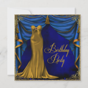 Invitación Fiesta de cumpleaños Art Déco azul real dorado par