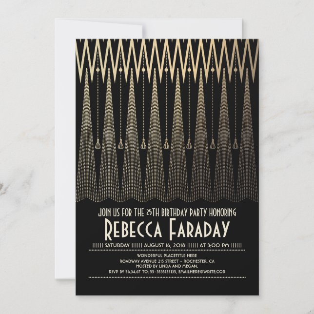 Invitación Fiesta de cumpleaños Art Deco Black and Gold Gatsb (Anverso)