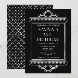 Invitación Fiesta de cumpleaños Art Déco de plata y negro