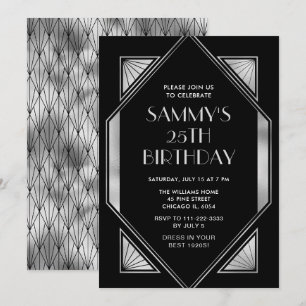 Invitación Fiesta de cumpleaños Art Déco de plata y negro