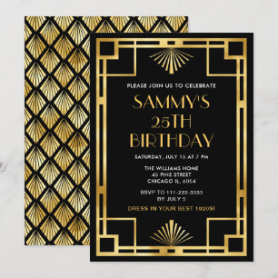 Invitación Fiesta de cumpleaños Art Déco dorada y negra