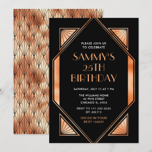 Invitación Fiesta de cumpleaños Art Déco dorada y negra