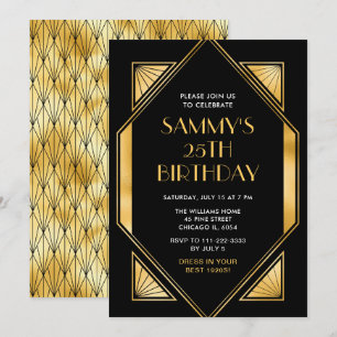 Invitación Fiesta de cumpleaños Art Déco dorada y negra