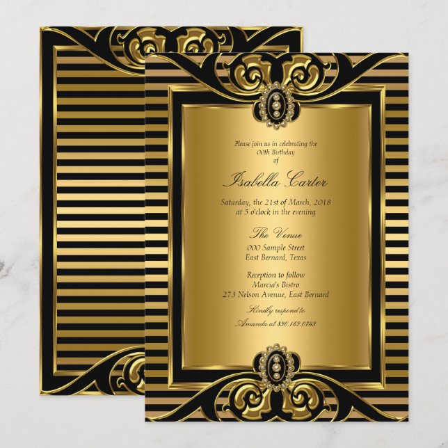 Invitación Fiesta de Cumpleaños Art Deco Dorado Negro Rayado  (Anverso / Reverso)