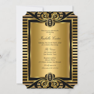 Invitación Fiesta de Cumpleaños Art Deco Dorado Negro Rayado