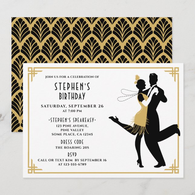 Invitación Fiesta de Cumpleaños Art Déco/Gran Gatsby/Años 20  (Anverso / Reverso)