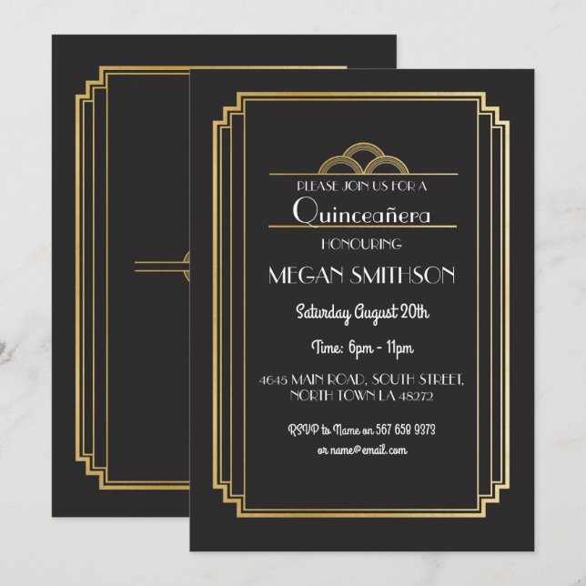 Invitación Fiesta de cumpleaños Art Déco invita a oro 15 (Anverso / Reverso)