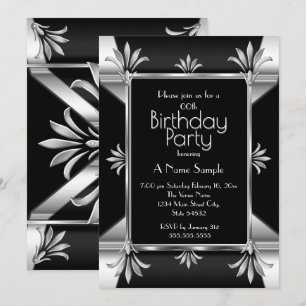 Invitación Fiesta de Cumpleaños Art Deco Negro Plata Cromo
