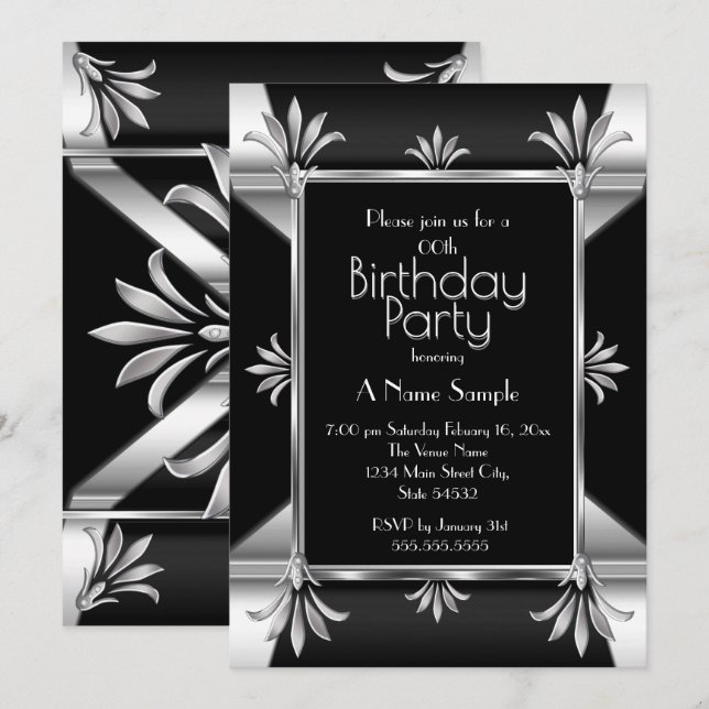 Invitación Fiesta de Cumpleaños Art Deco Negro Plata Cromo (Anverso / Reverso)