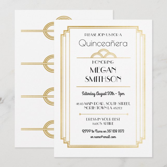 Invitación Fiesta de cumpleaños Art Decó Quinceanera invitada (Anverso / Reverso)