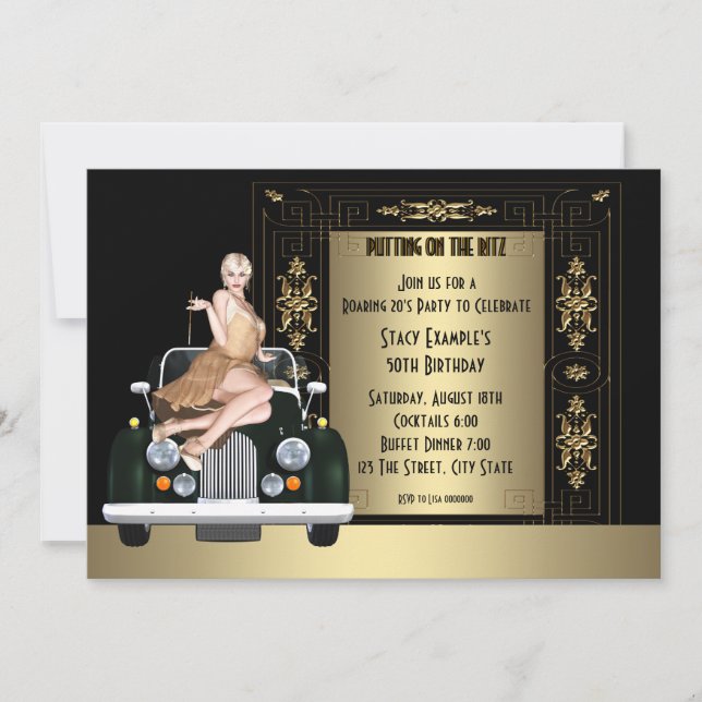 Invitación Fiesta de cumpleaños Art Deco Roaring 20's (Anverso)