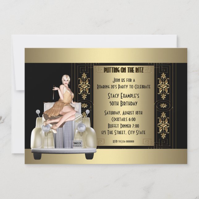 Invitación Fiesta de cumpleaños Art Deco Rugiente 20 (Anverso)