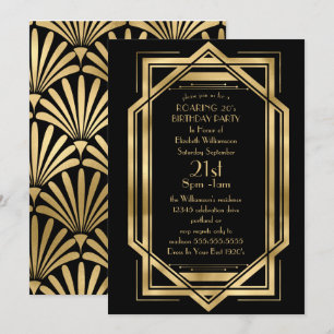 Invitación Fiesta de cumpleaños Art Déco rugiente en negro y 