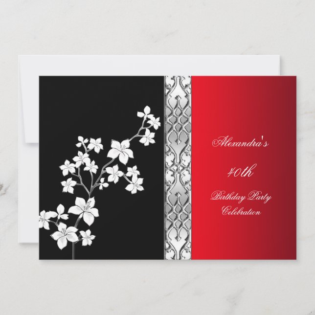 Invitación Fiesta de Cumpleaños Asiática Roja Negra Floral Pl (Anverso)