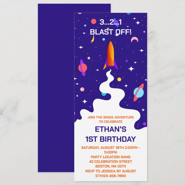 Invitación Fiesta de Cumpleaños Astronauta en el Espacio Exte (Anverso / Reverso)