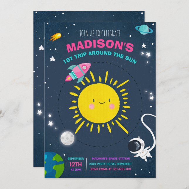 Invitación Fiesta de cumpleaños Astronauta Rosa del Espacio U (Anverso / Reverso)