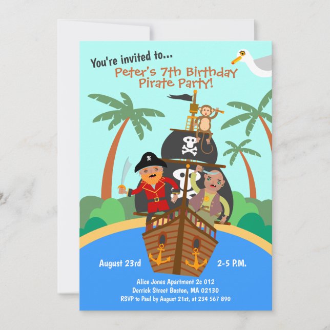 Invitación Fiesta de cumpleaños aventura de barco pirata (Anverso)