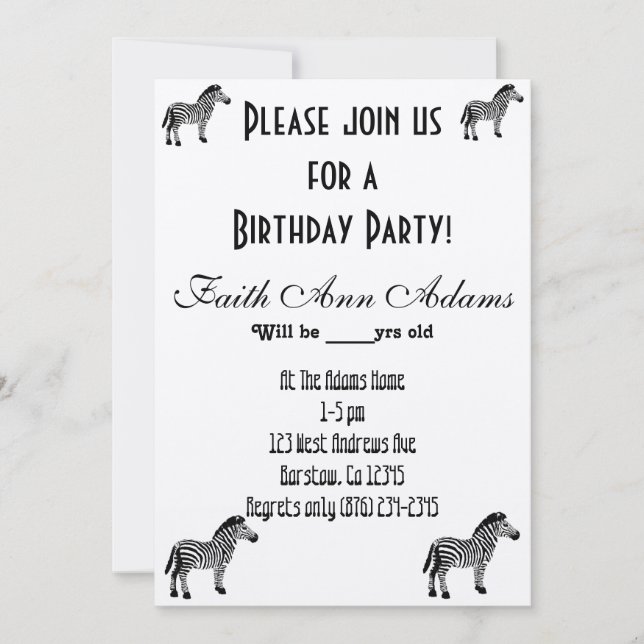 Invitación Fiesta de cumpleaños Aziza Safari Zebra Imprimir (Anverso)