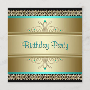 Invitación Fiesta de cumpleaños azul aqua y dorado