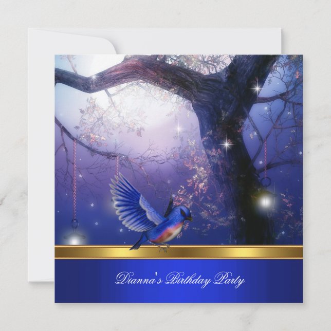 Invitación Fiesta de Cumpleaños Azul Aves Mágicas Doradas Azu (Anverso)