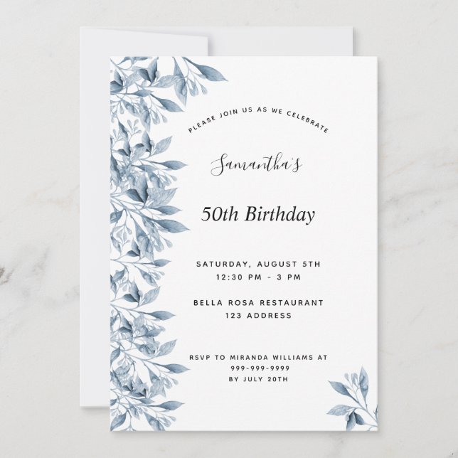 Invitación Fiesta de cumpleaños azul blanco botánico floral m (Anverso)