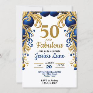 Invitación Fiesta de cumpleaños azul brillante y dorado plano