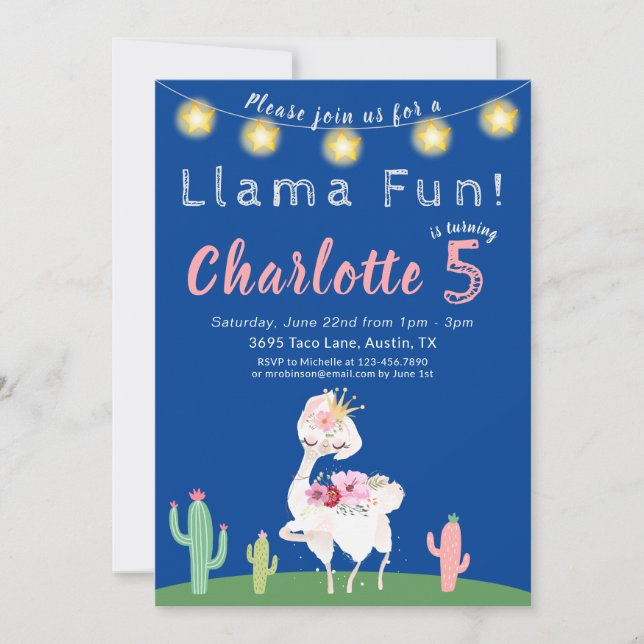 Invitación Fiesta de cumpleaños azul de Cute Llama (Anverso)