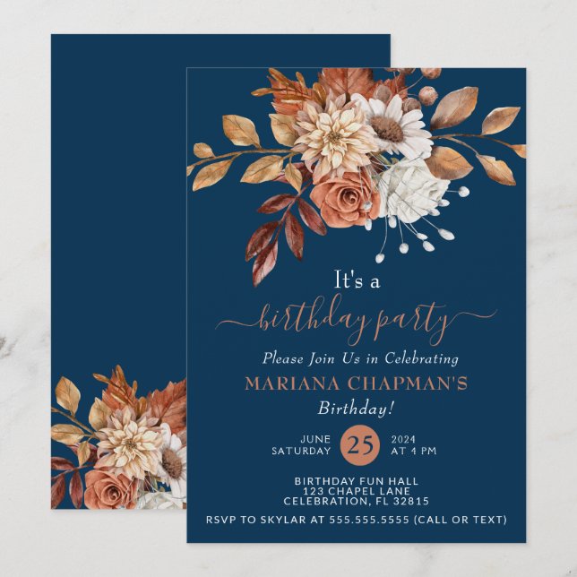 Invitación Fiesta de cumpleaños azul de la Marina Floral de c (Anverso / Reverso)