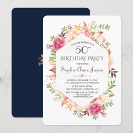 Invitación Fiesta de cumpleaños azul de la marina floral rosa