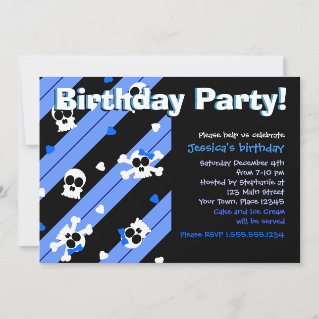 Invitación Fiesta de cumpleaños azul de los cráneos y de los (Anverso)