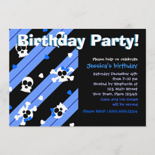 Invitación Fiesta de cumpleaños azul de los cráneos y de los
