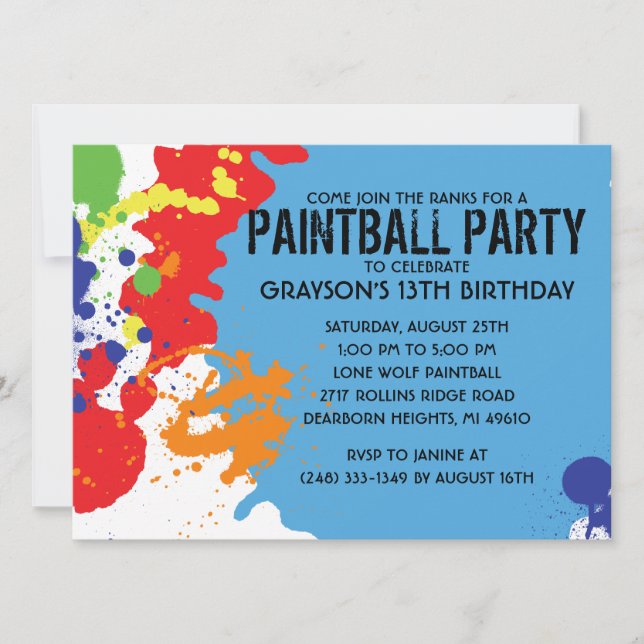 Invitación Fiesta de cumpleaños azul de Paintball de la (Anverso)