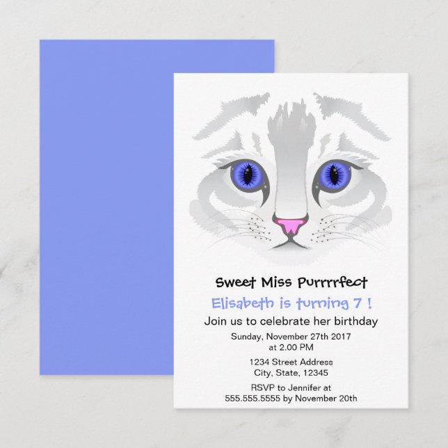 Invitación Fiesta de cumpleaños azul del chica de tabby del (Anverso / Reverso)