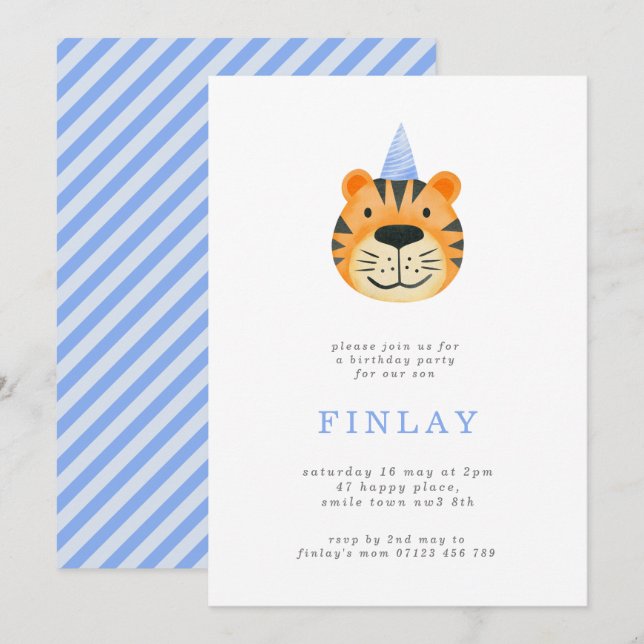Invitación Fiesta de cumpleaños azul del simple tigre y Fiest (Anverso / Reverso)