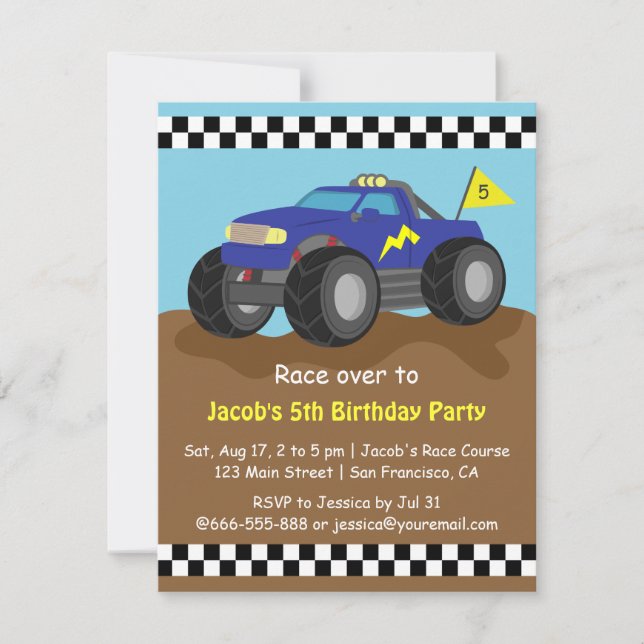 Invitación Fiesta de cumpleaños azul fresca del monster truck (Anverso)