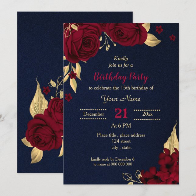 Invitación fiesta de cumpleaños azul marino con flores de oro (Anverso / Reverso)