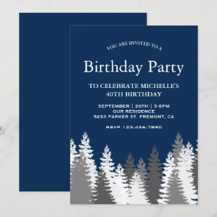 Invitación Fiesta de Cumpleaños Azul Marino con Pinos Cubiert