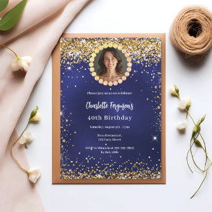 Invitación Fiesta de cumpleaños azul marino diamante dorado f
