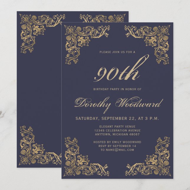 Invitación Fiesta de Cumpleaños Azul Marino Oscuro Marco de O (Anverso / Reverso)