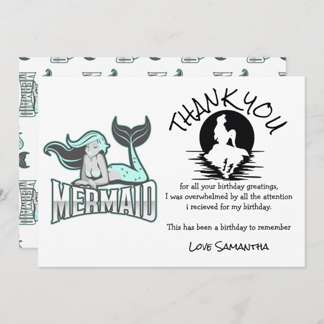 Invitación Fiesta de cumpleaños azul Mermaid gracias (Anverso / Reverso)