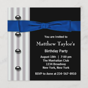 Invitación Fiesta de cumpleaños azul negro para el vestido de