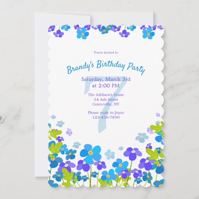 Invitación Fiesta de Cumpleaños Azul No Me Olvides (Anverso)