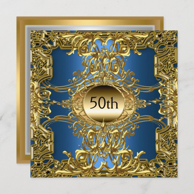 Invitación Fiesta de cumpleaños azul oro 50 Luxury Gold Blue (Anverso / Reverso)